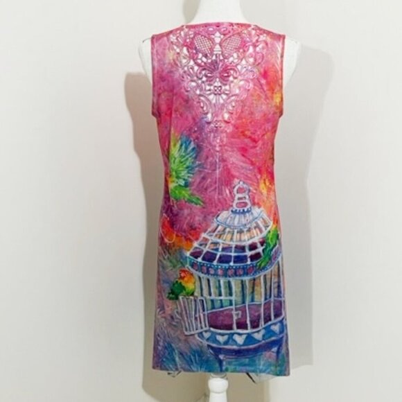 Leoma Lovegrove Colorful Sleeveless Dress Lovebirds Bird Cage Lace Size Sm - Picture 4 of 7